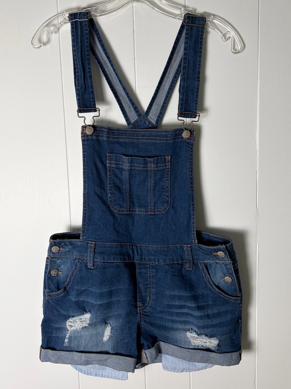 Wax Denim Short Overalls - Medium Blue Distressed Size M